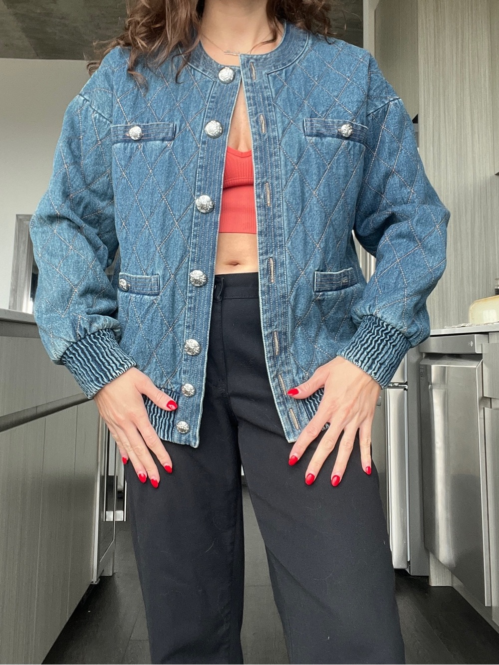Veronica Beard Quilted Blue Denim Bomber Jacket - Picture 2 of 4